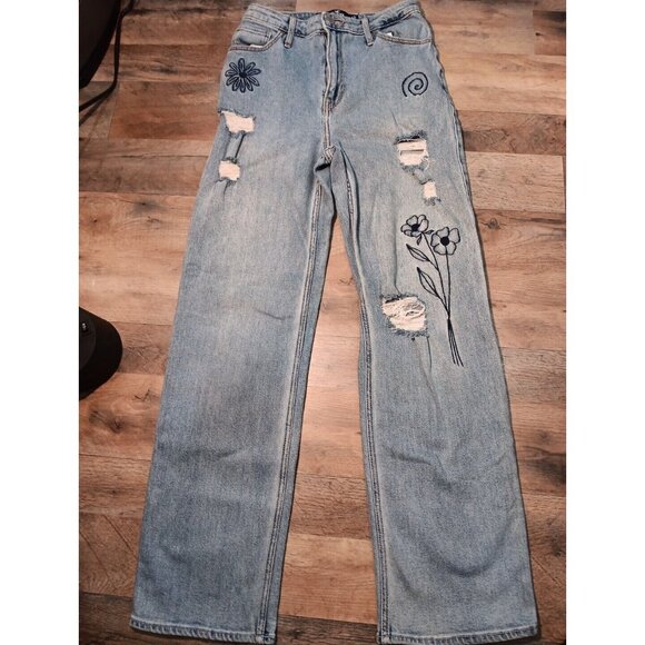 Hollister 90sJeans Womens Distressed Embroided High Rise Dad‎ Jean Stretch Denim - Picture 1 of 12